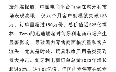 Temu匈牙利客户规模超128万，订单量超过150万份